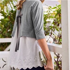 Matilda Jane Jane in the Clouds gray tunic eyelet top open back with ribbon tie